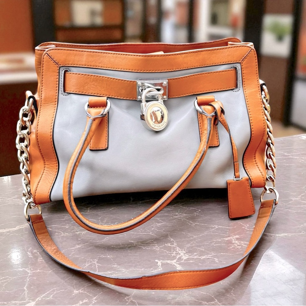 Michael Kors Hamilton Frame Out Steel Gray & Acorn Satchel/Handbag